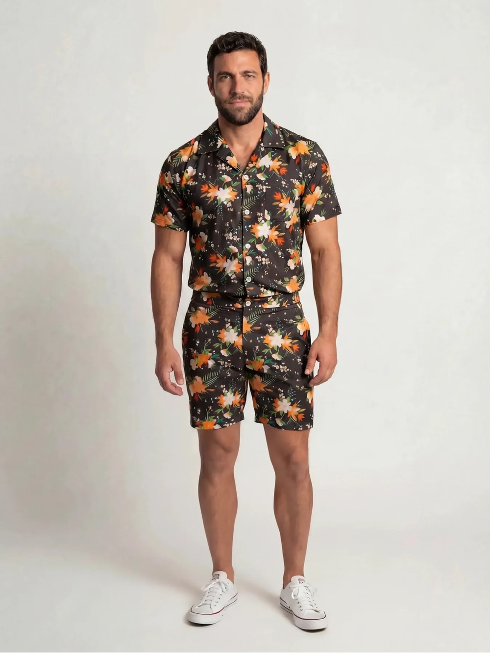 Men's Floral Short Sleeve Shirt & Shorts Set - Black with Orange Floral